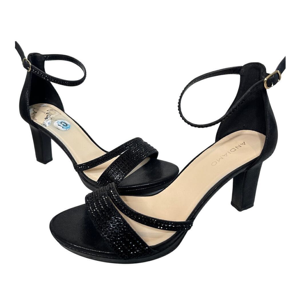 Size 10 Black Rhinestone Ankle Strappy Open Toe Block Evening Cocktail Heels